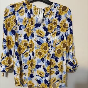 Kim Rogers Petite Vibrant Sunflower Print Boho Chic 3/4 Sleeve Blouse Small
